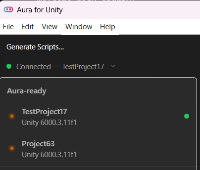 AuraForUnity project selector showing the connected project and other Aura-ready projects