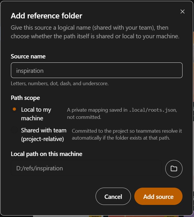The Add reference folder dialog, with the local and shared path scope options