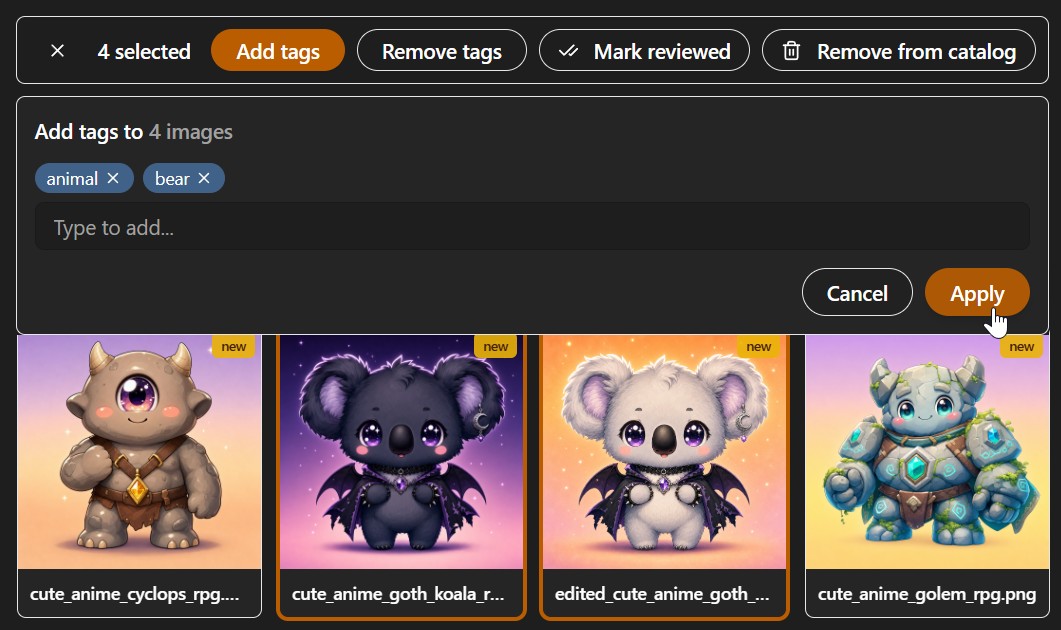 The bulk tagging bar with four images selected and two tags staged