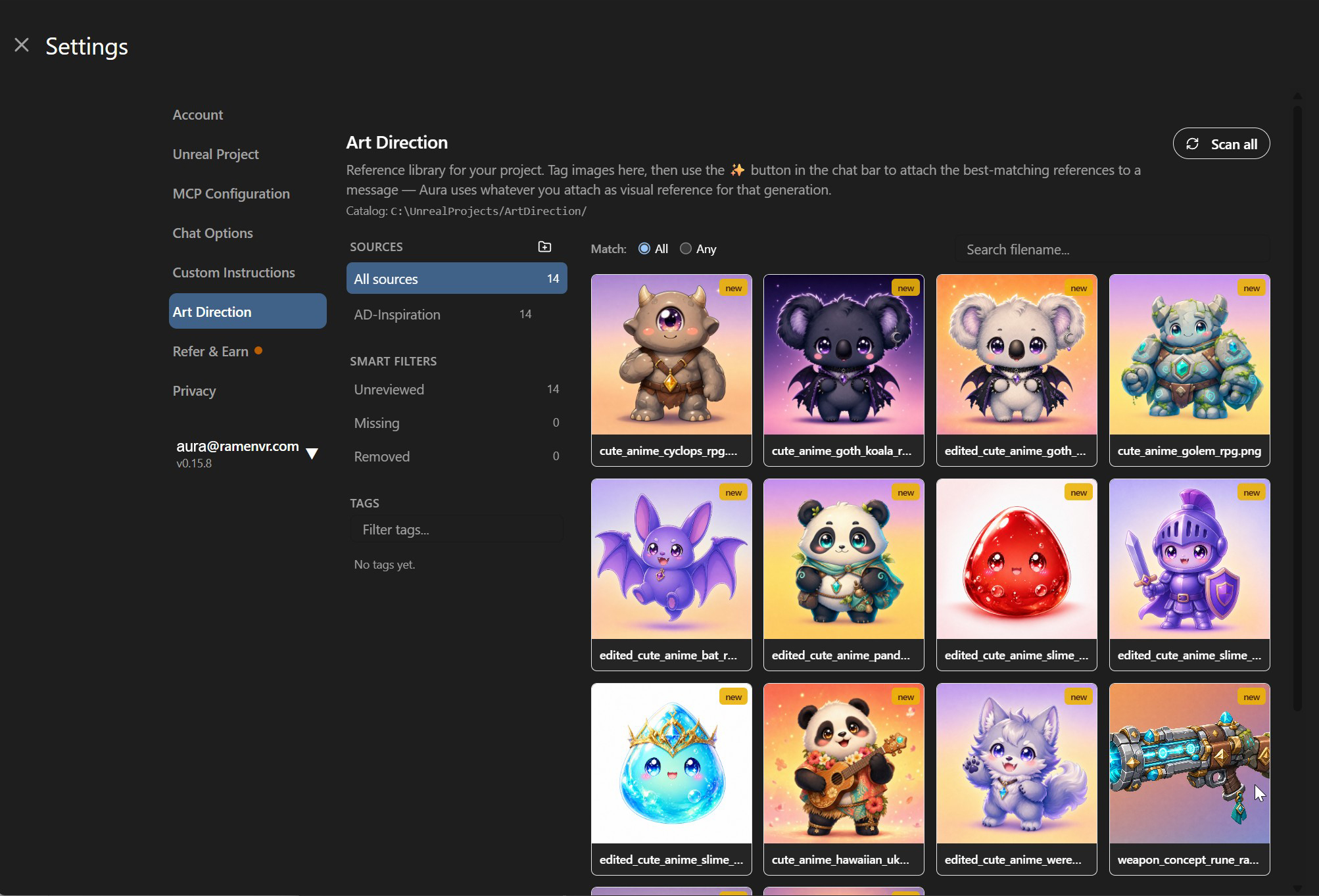 The Art Direction settings page, showing the Sources and Tags sidebars beside the image grid