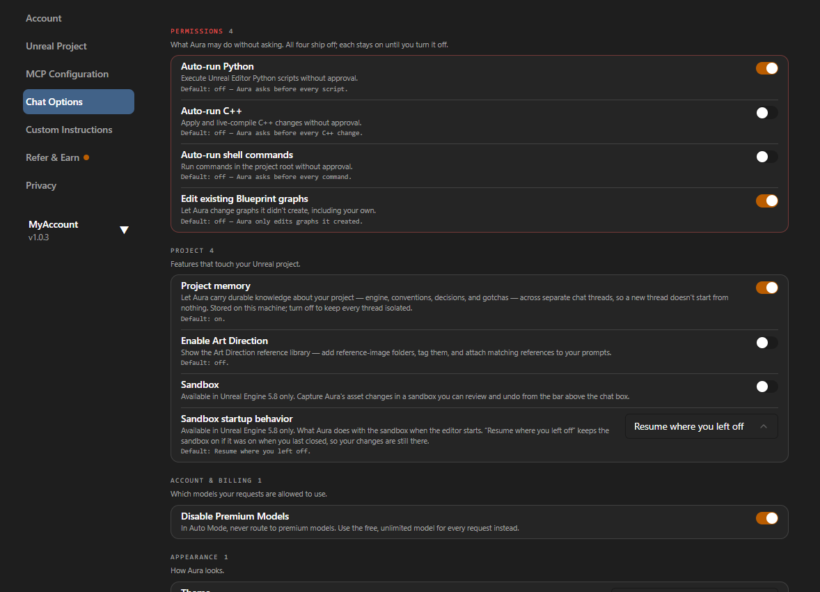 The Permissions, Project, and Account & Billing groups further down the Chat Options page